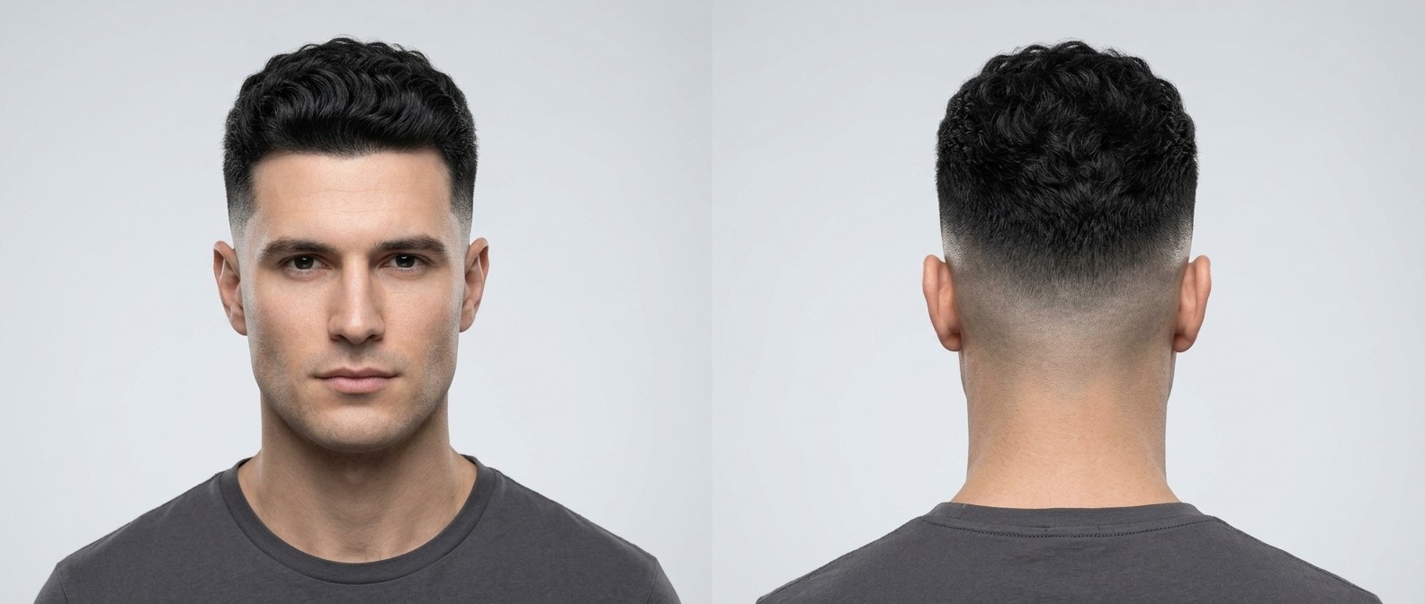 Front and back view of a Caucasian man with thick black wavy hair, modeling a sharp high skin fade with a textured top and natural widow's peak.