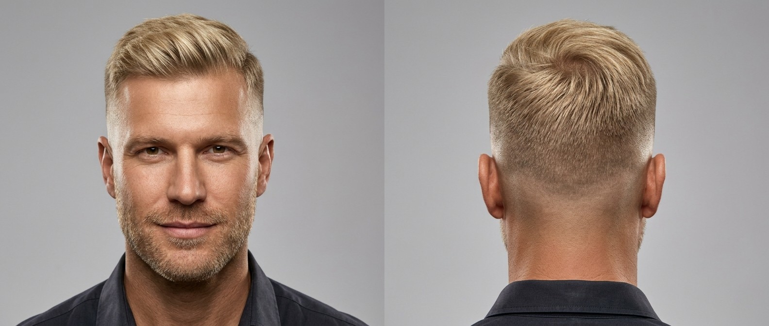Front and back view of a blonde Caucasian man aged 35-45 with a high skin fade, short textured top, swept widow's peak, and light facial stubble.
