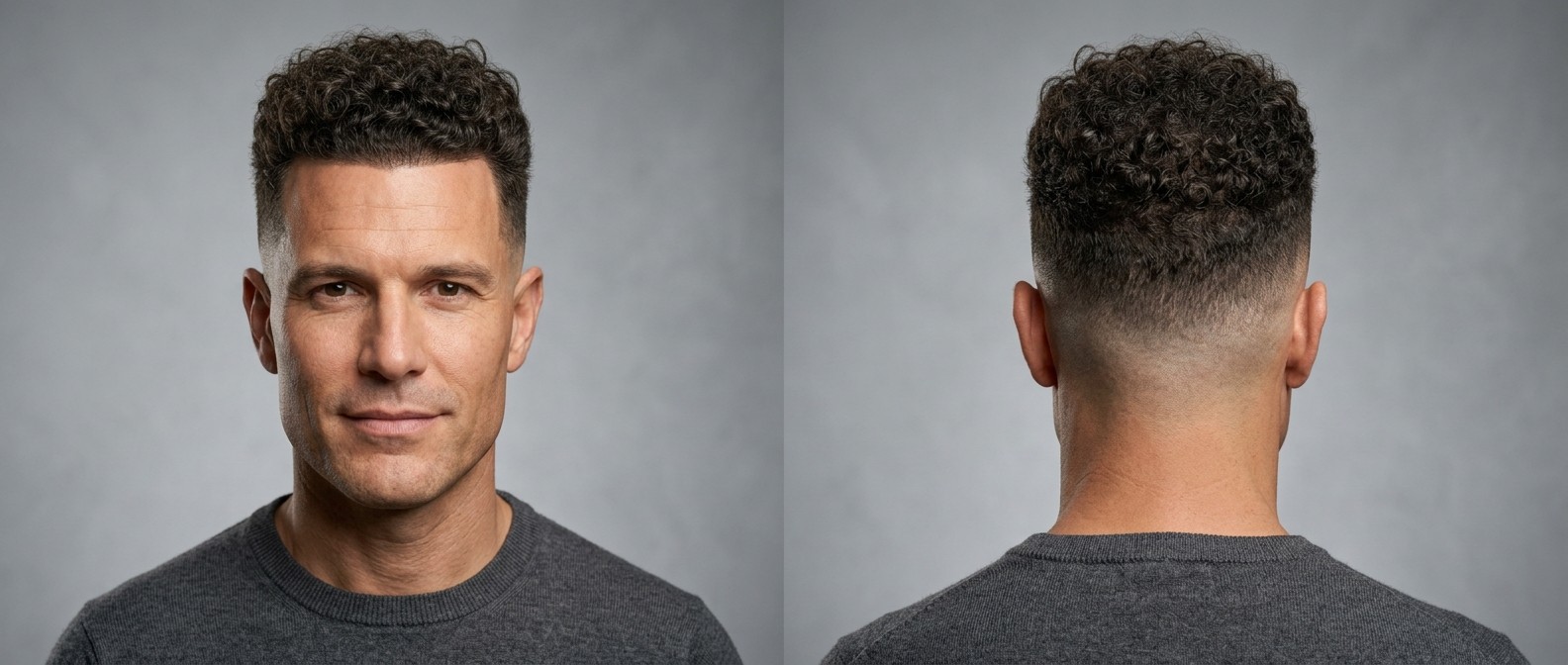 Front and back view of a Caucasian man aged 35-45 with a high skin fade, sharp edge-up, and medium-length tight curly dark brown hair on top.