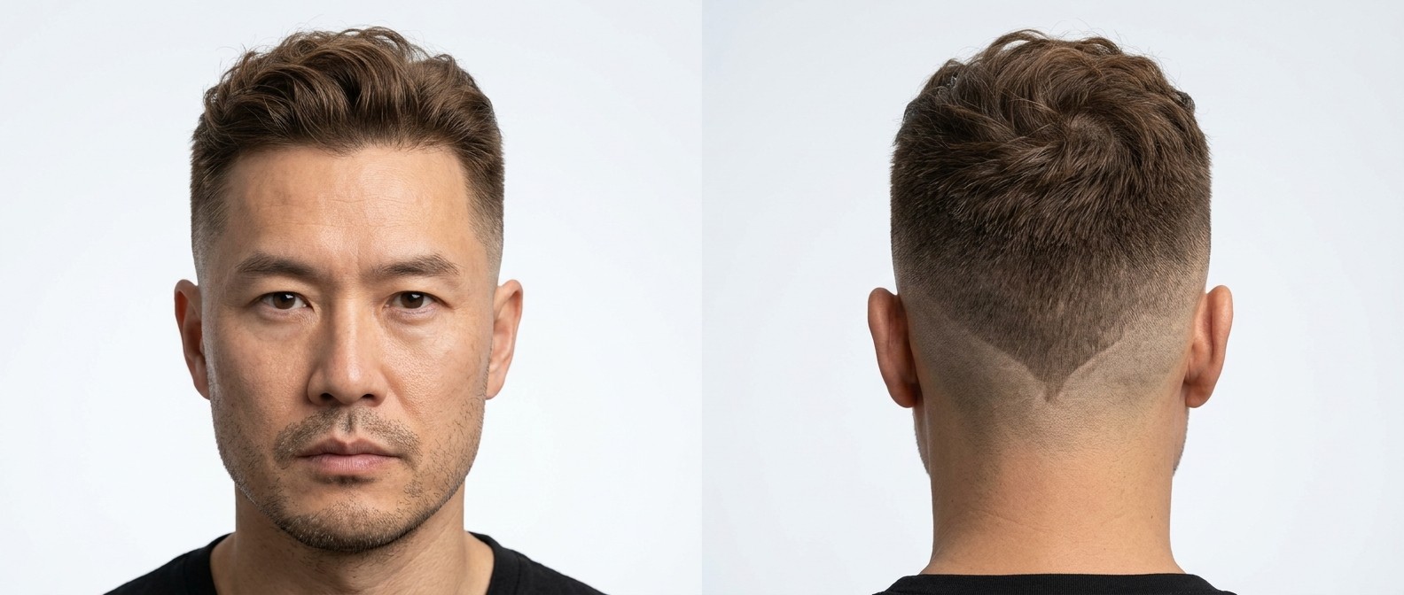 Asian man aged 45+ with brown wavy hair featuring an ultra-clean high skin fade, textured medium-length top, and a distinctive geometric V-shaped neckline.