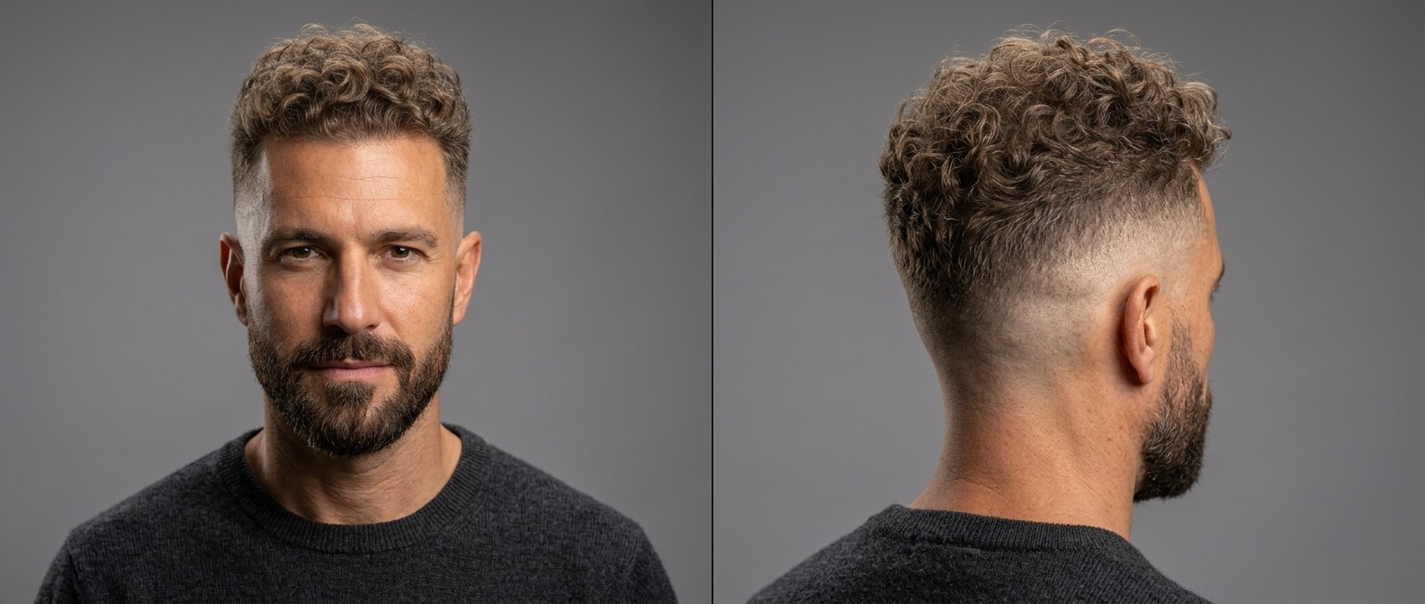 Middle-aged man with olive skin and beard showcasing a high skin fade haircut with medium-length textured Type 3 curls on top.