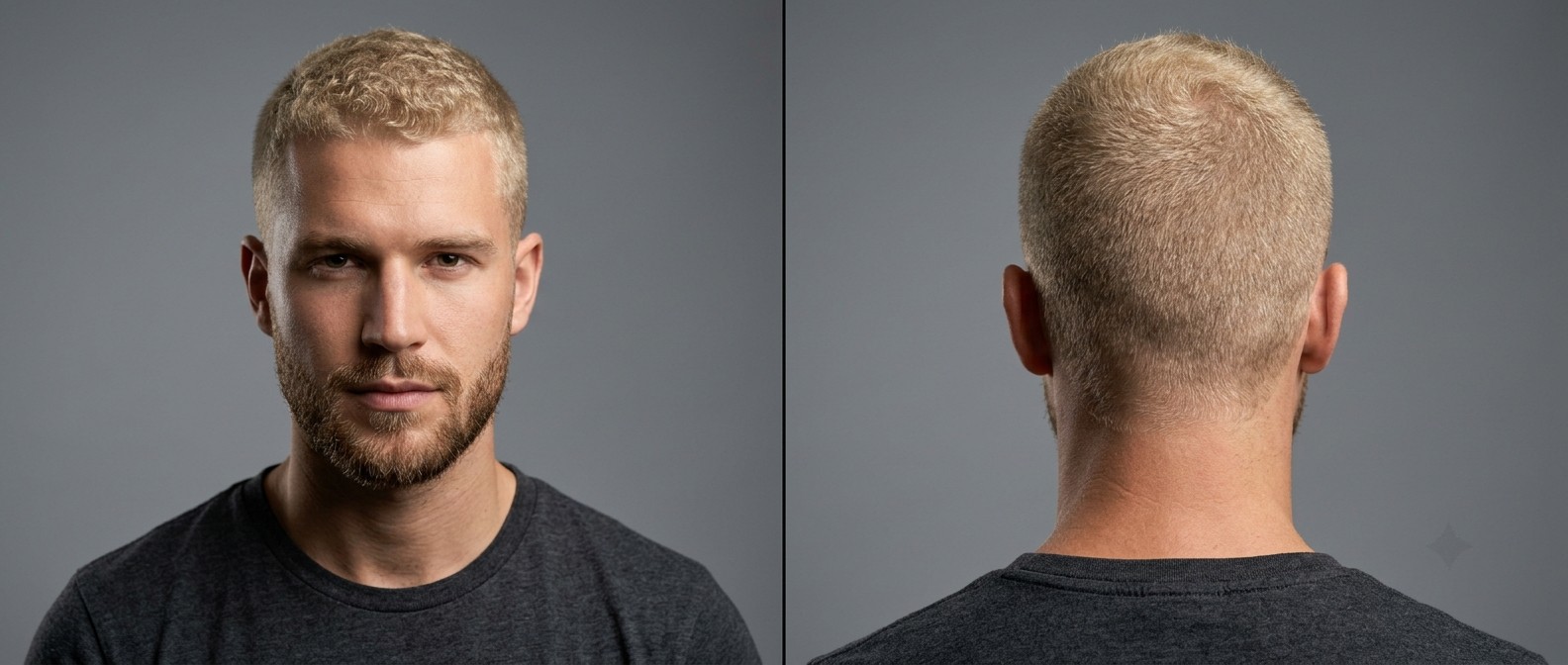 Młody mężczyzna z blond fryzurą typu induction cut, zarysowaną szczęką i krótką brodą, widok z przodu i tyłu na szarym tle.