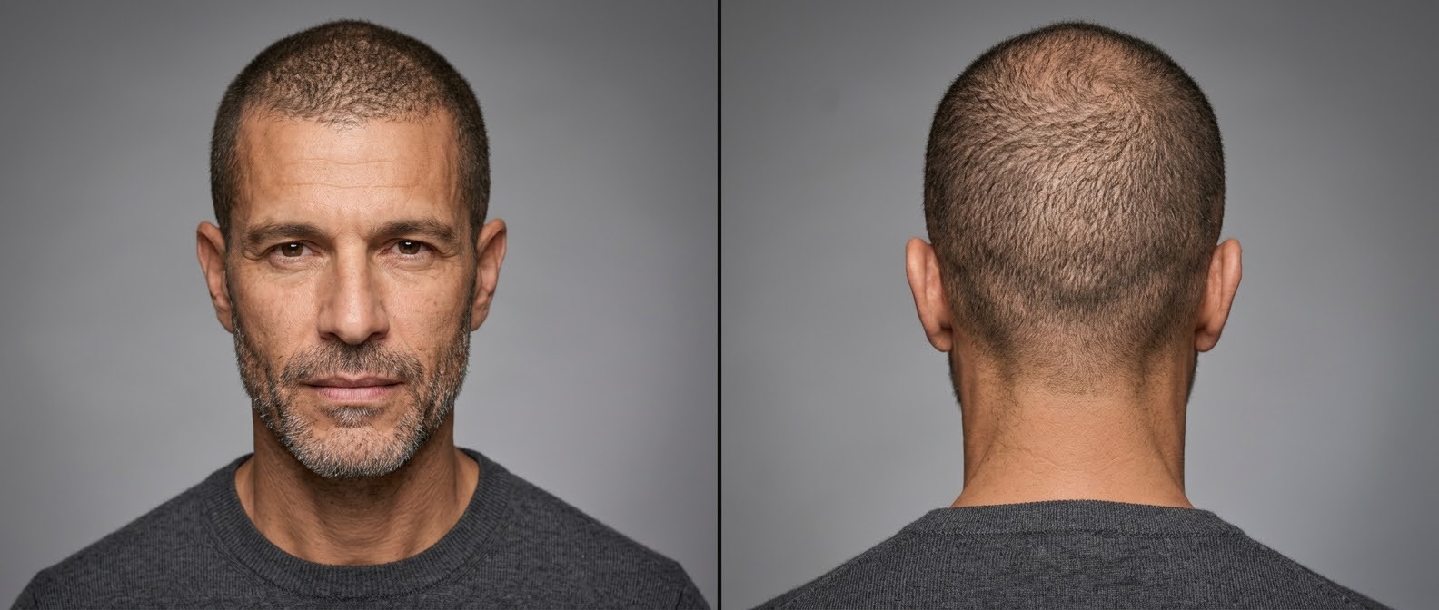 Front and back view of a mature man with a classic induction cut, featuring ultra-short brown hair, olive skin, and a well-groomed stubble beard.