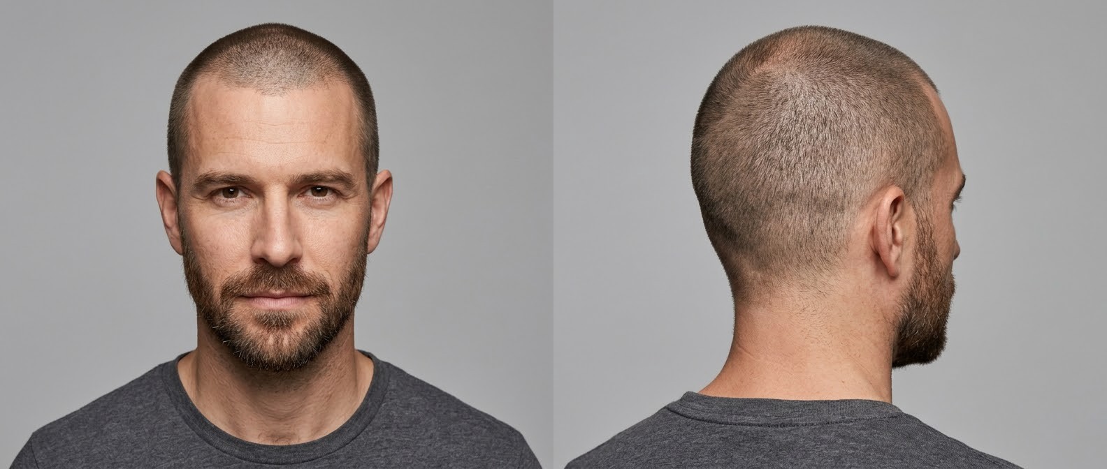 Caucasian man aged 35-45 with an ultra-short induction buzz cut, receding hairline, and a well-groomed brown beard against a solid grey studio background.