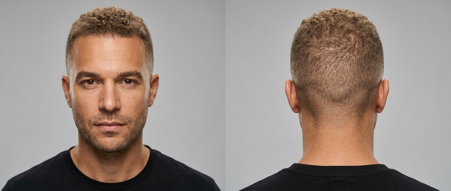 Front and back view of a 35-45 year old man with an induction cut featuring a high taper fade, very curly short hair on top, and a light stubble beard.