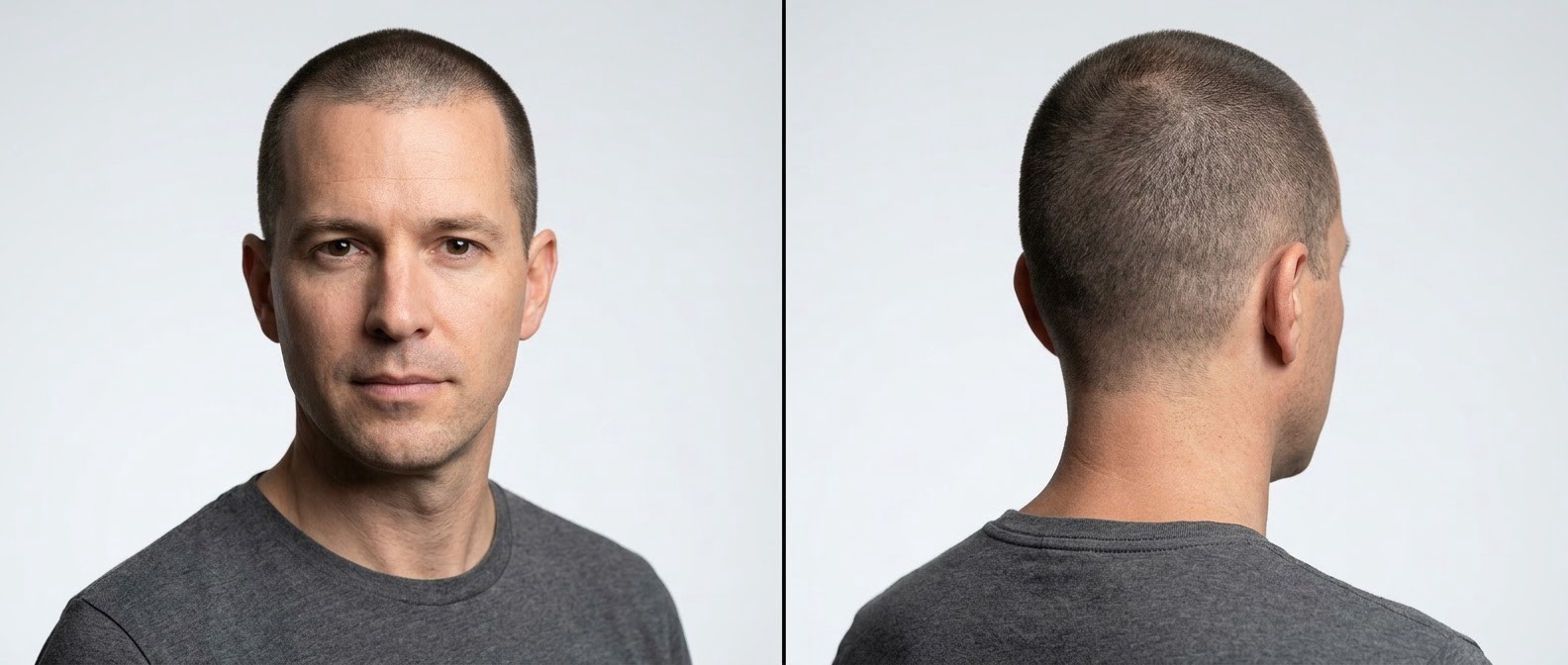 Front and back view of a mature man with an ultra-short military induction cut, featuring a natural widow's peak and a clean skin-tapered nape.