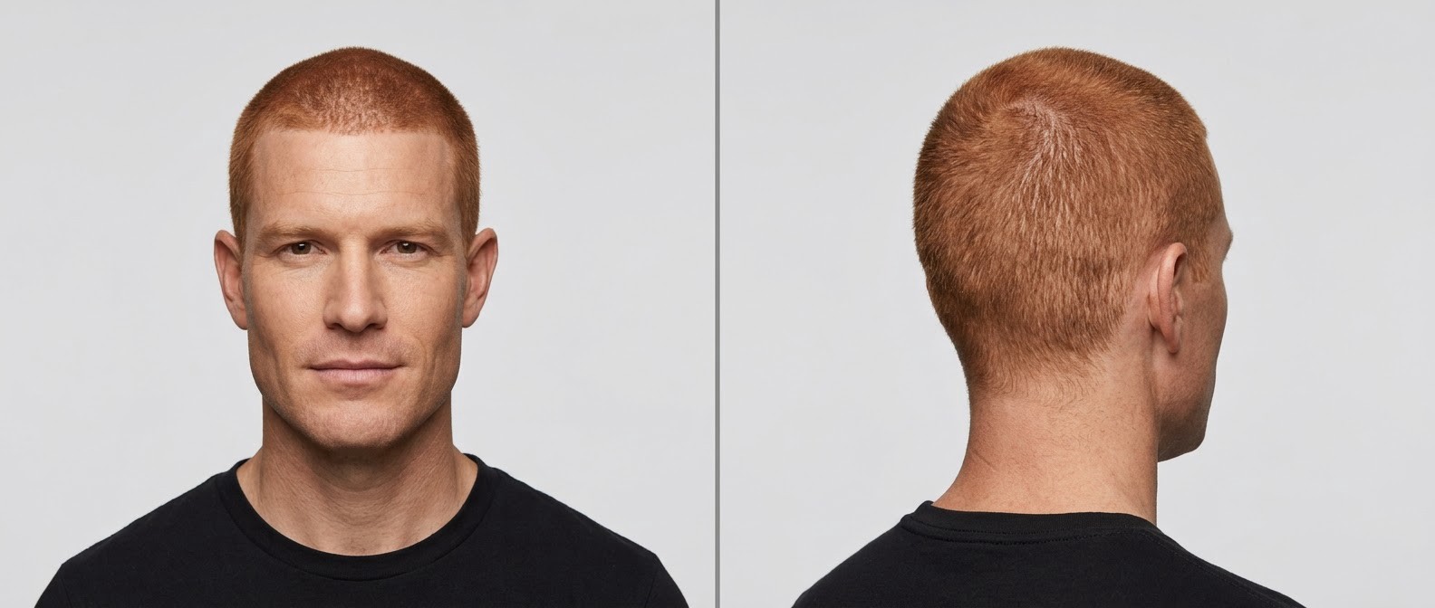 Front and back view of a man with a square face sporting an ultra-short red induction cut, showcasing a uniform length and natural hairline.