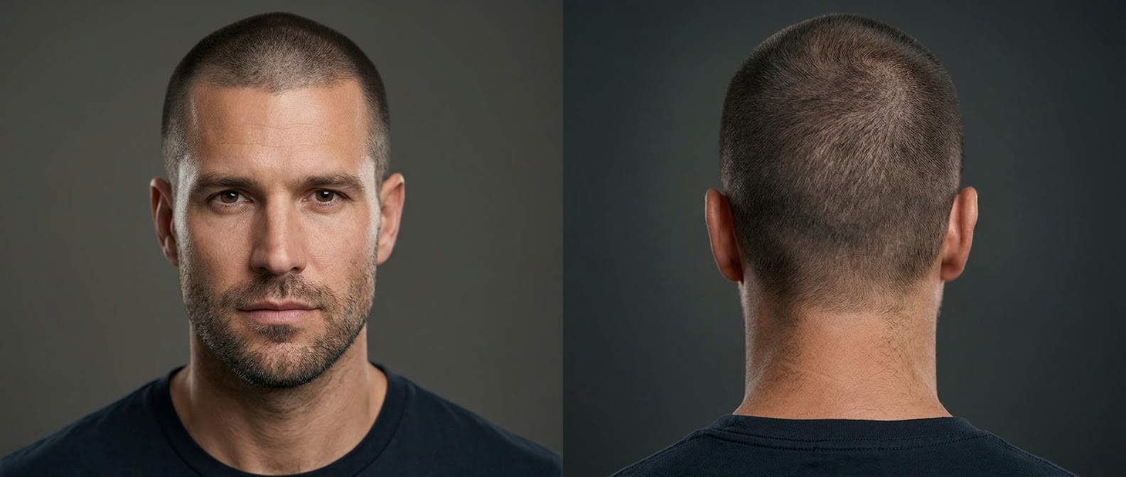 Front and back view of a Caucasian man aged 35-45 with a square face, sporting a classic uniform induction cut buzz and a short stubble beard.