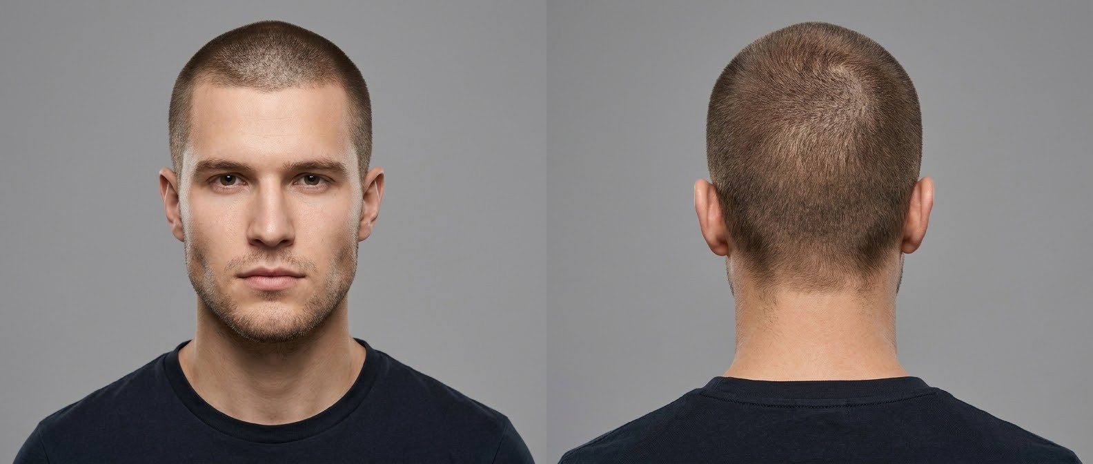 Vorder- und Rückansicht eines Mannes mit klassischem Induction Buzz Cut, gleichmäßig kurzem braunem Haar und markanter Kieferpartie.