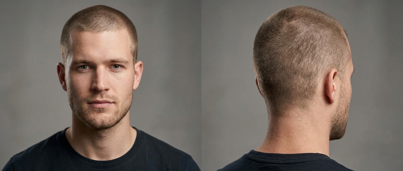 Front and back view of a young Caucasian man with a square face sporting an ultra-short induction buzz cut and a matching light facial stubble beard.