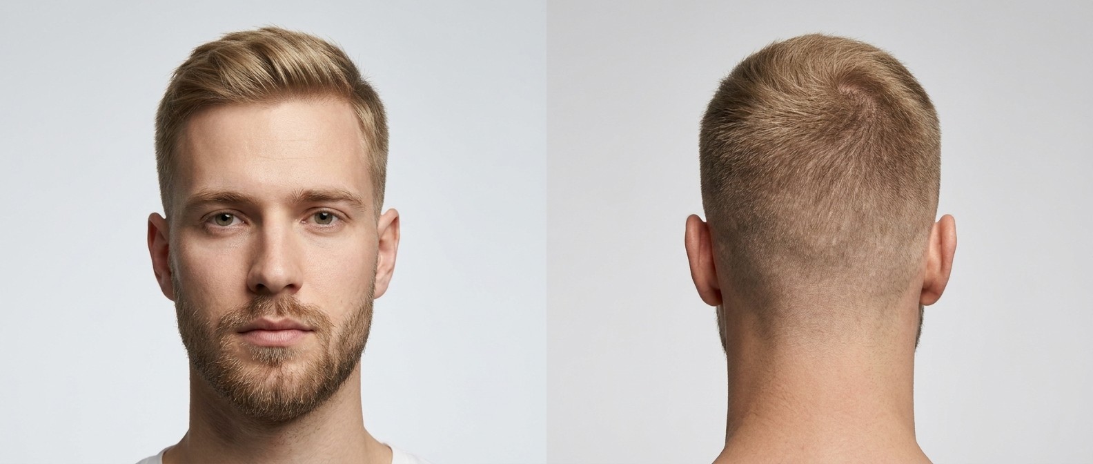 Front and back profile view of a young blonde Caucasian man with a short beard modeling a modified swept induction cut with tightly tapered sides.