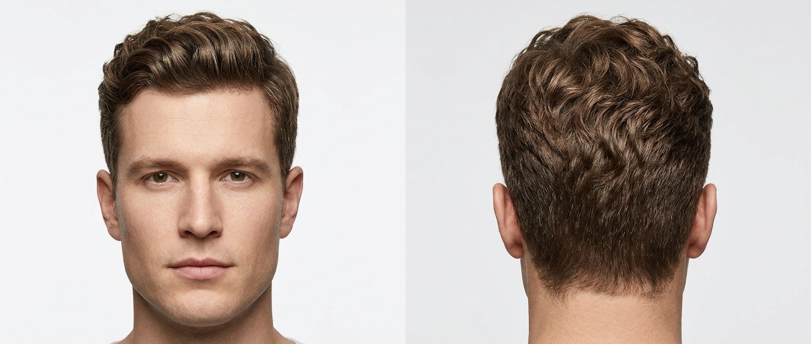 Caucasian man with a square face and light skin modeling a classic wavy taper haircut with a textured, swept-back top and clean-shaven face.