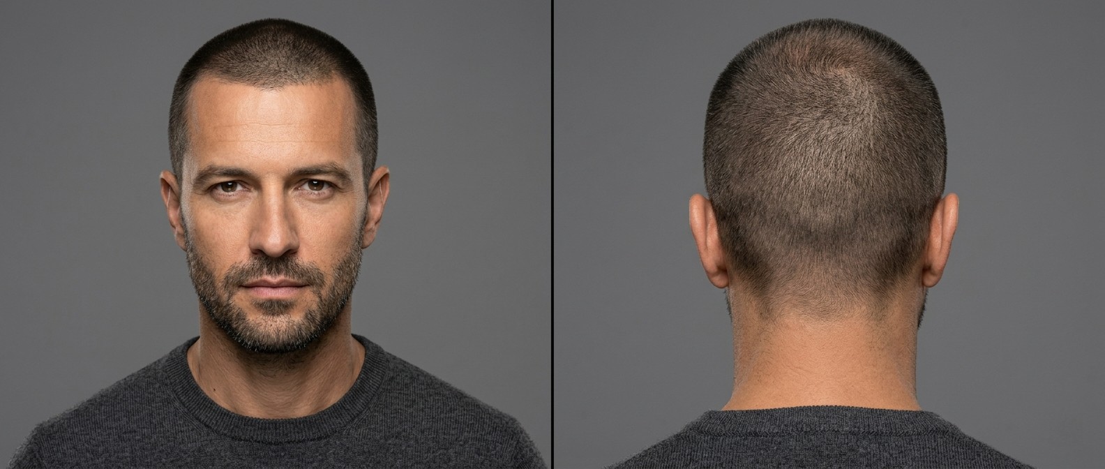 Front and back view of a 45-year-old Caucasian man with dark brown hair wearing a classic military induction buzz cut with a tapered nape and stubble.