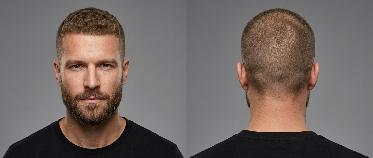 Front and back view of a 40-year-old Caucasian man with a textured induction cut, faded sides, subtle widow's peak, and a seamlessly blended beard.
