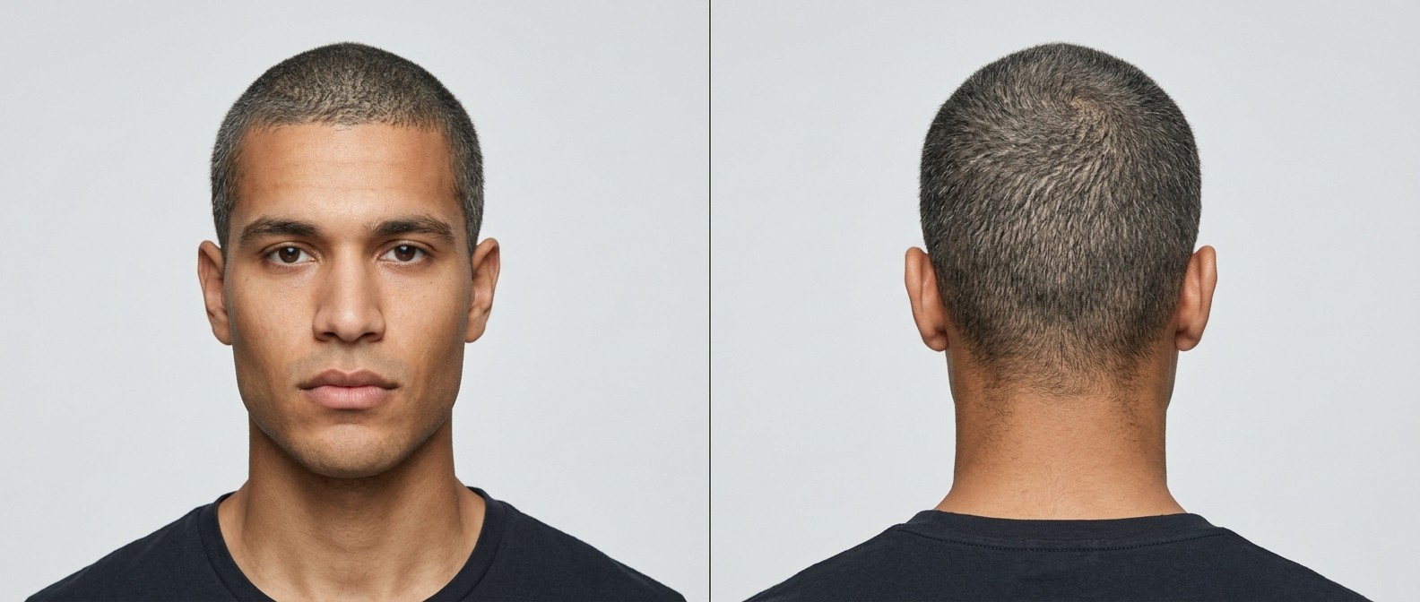 Front and back view of a young man with olive skin and a square jawline wearing an ultra-short, gray induction buzz cut with a natural hairline.