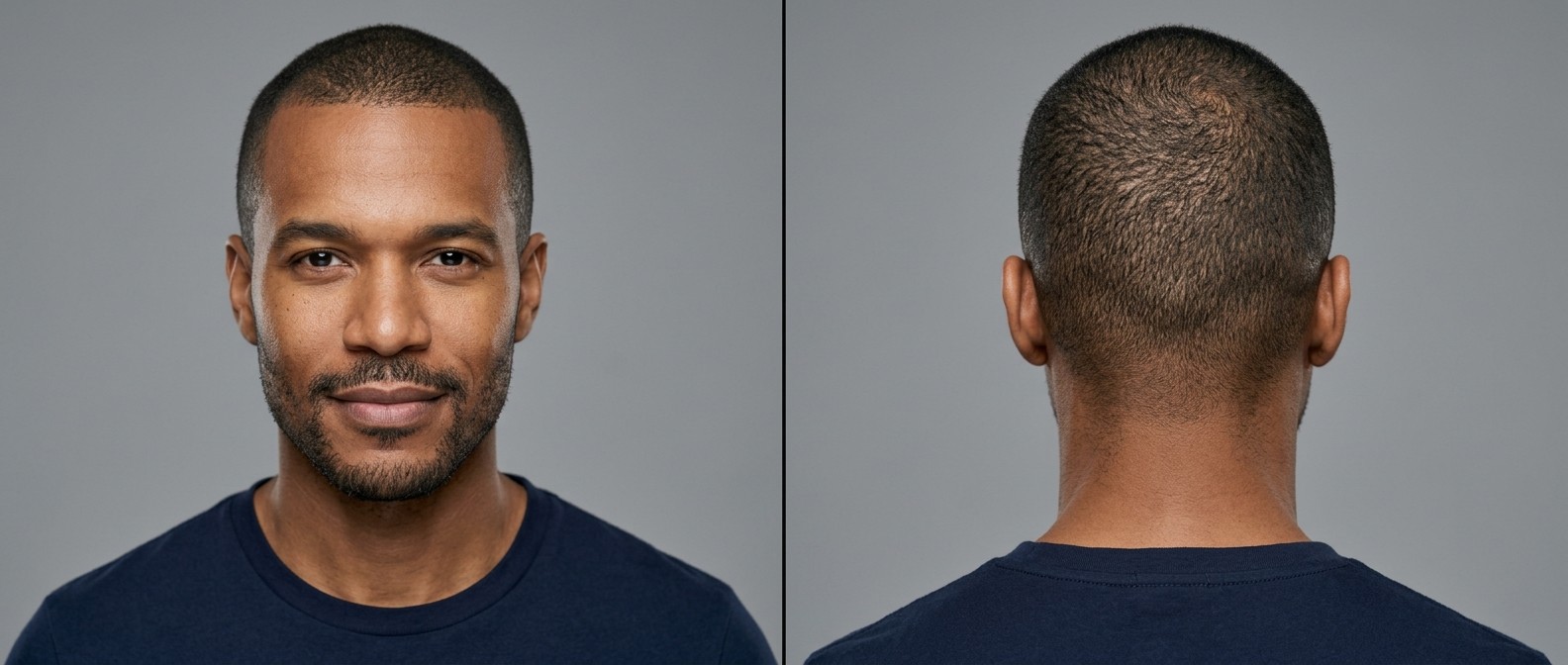 Front and back view of a Black man with a very short induction buzz cut, natural hairline, and light facial stubble against a grey background.