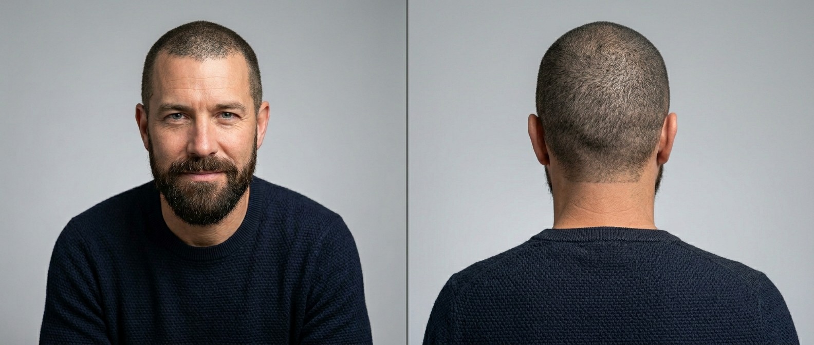 Mature Caucasian man with a receding hairline sporting a uniform induction buzz cut and a thick, well-groomed full dark brown beard.