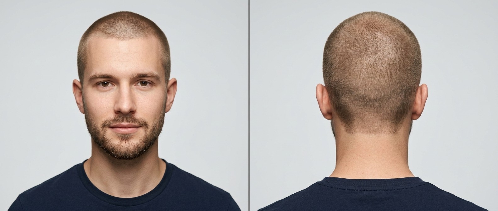 Front and back view of a Caucasian man with an ultra-short induction buzz cut, receding hairline, and a neat short beard.