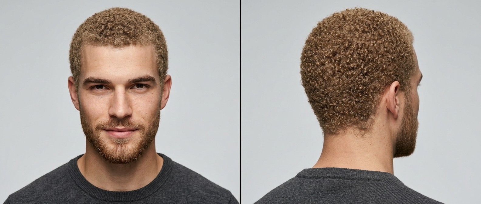 Young man with light brown, very curly Type 4 hair wearing an ultra-short uniform induction cut and a neat, connected facial hair beard.