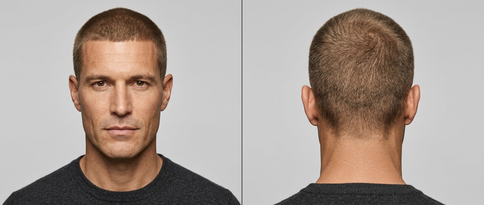 Front and back view of a mature man with olive skin and a strong square jaw, modeling a uniform, ultra-short military induction buzz cut.