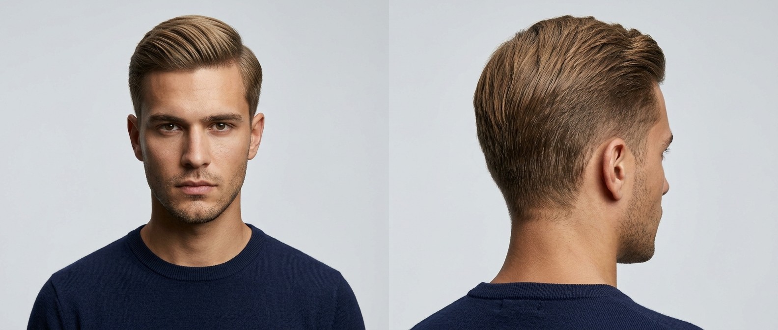 Junger Mann mit blondem Haar und Bart trägt einen klassischen Ivy League Haarschnitt mit Volumen vor grauem Hintergrund.