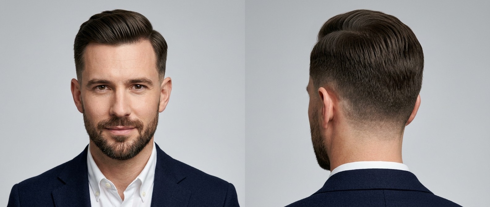 Hombre caucásico de 35-45 años con barba cuidada luciendo un corte Ivy League clásico con laterales cortos y parte superior peinada.