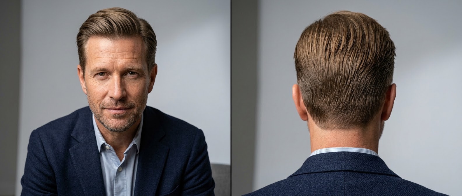 Mature man with a classic swept-back Ivy League haircut, featuring soft tapered sides, textured volume on top, and a neat neckline.