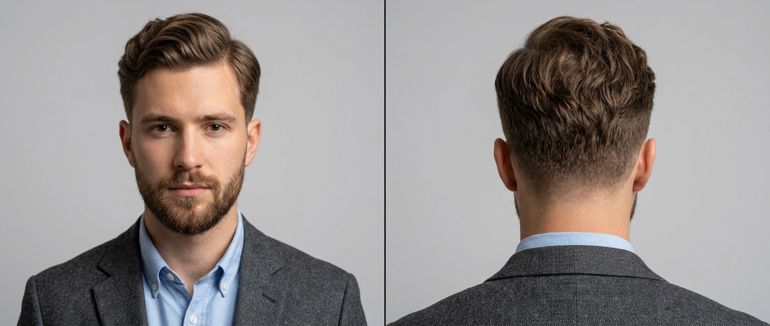 Front and back view of a young man with a wavy Ivy League haircut, featuring soft tapered sides, a sweeping front wave, and a neatly trimmed beard.