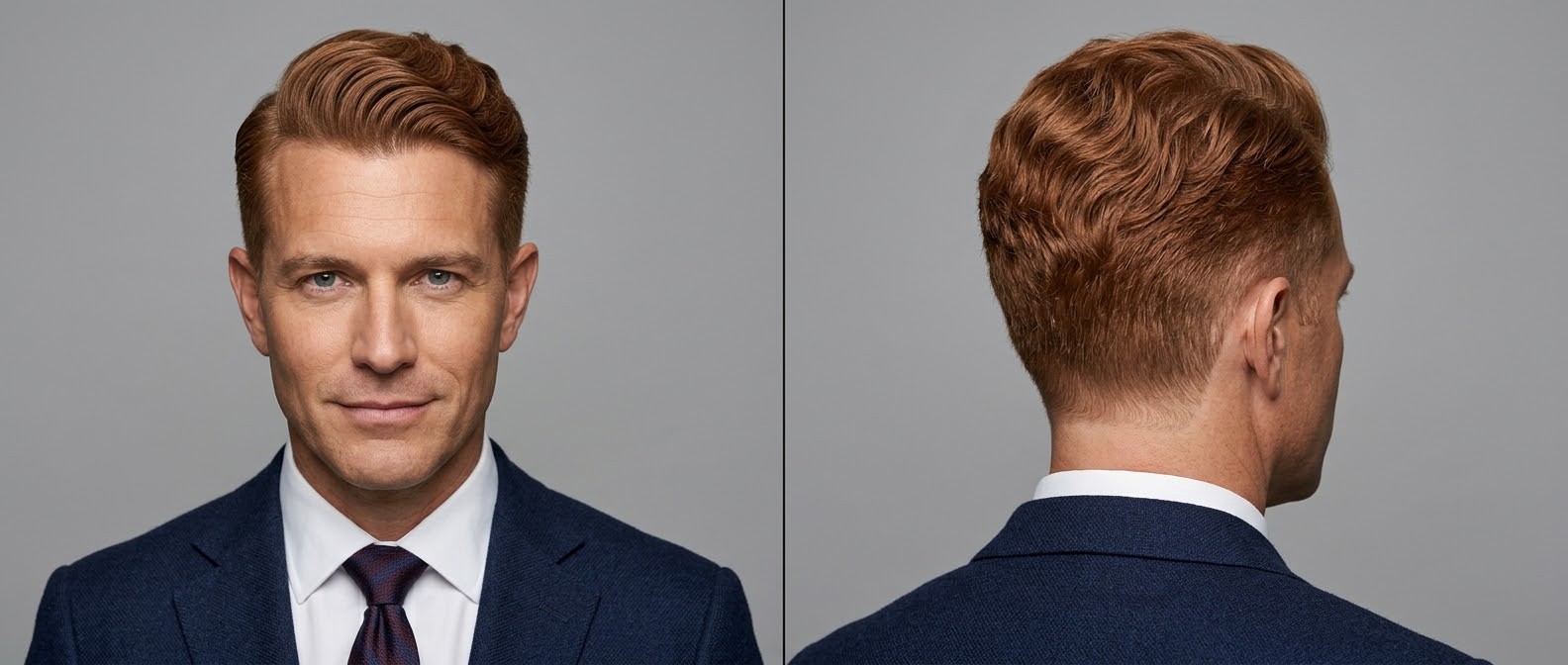 Mature man with a classic wavy Ivy League haircut, featuring tapered sides, a sweeping front wave, and vibrant red hair in a professional suit.
