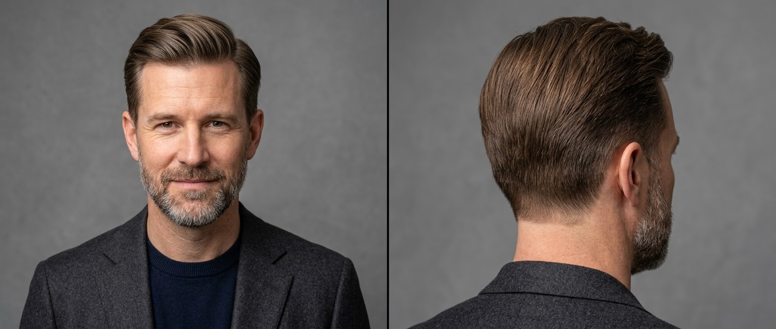 Mature man with a short beard modeling an elegant, swept-back Ivy League haircut for straight hair, showing front and back tapered views.