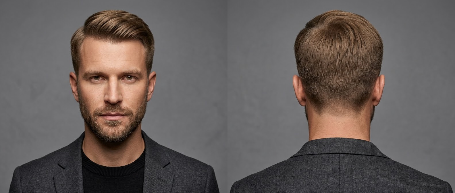 Front and back view of a Caucasian man with a classic Ivy League haircut, featuring tapered sides, a swept side-part, and a short beard.