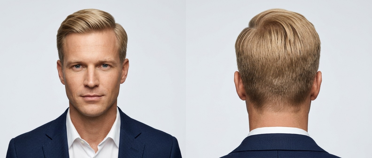 Clean-shaven blonde man in a tailored blue suit modeling a classic professional Ivy League haircut featuring softly tapered sides and a swept-back top.