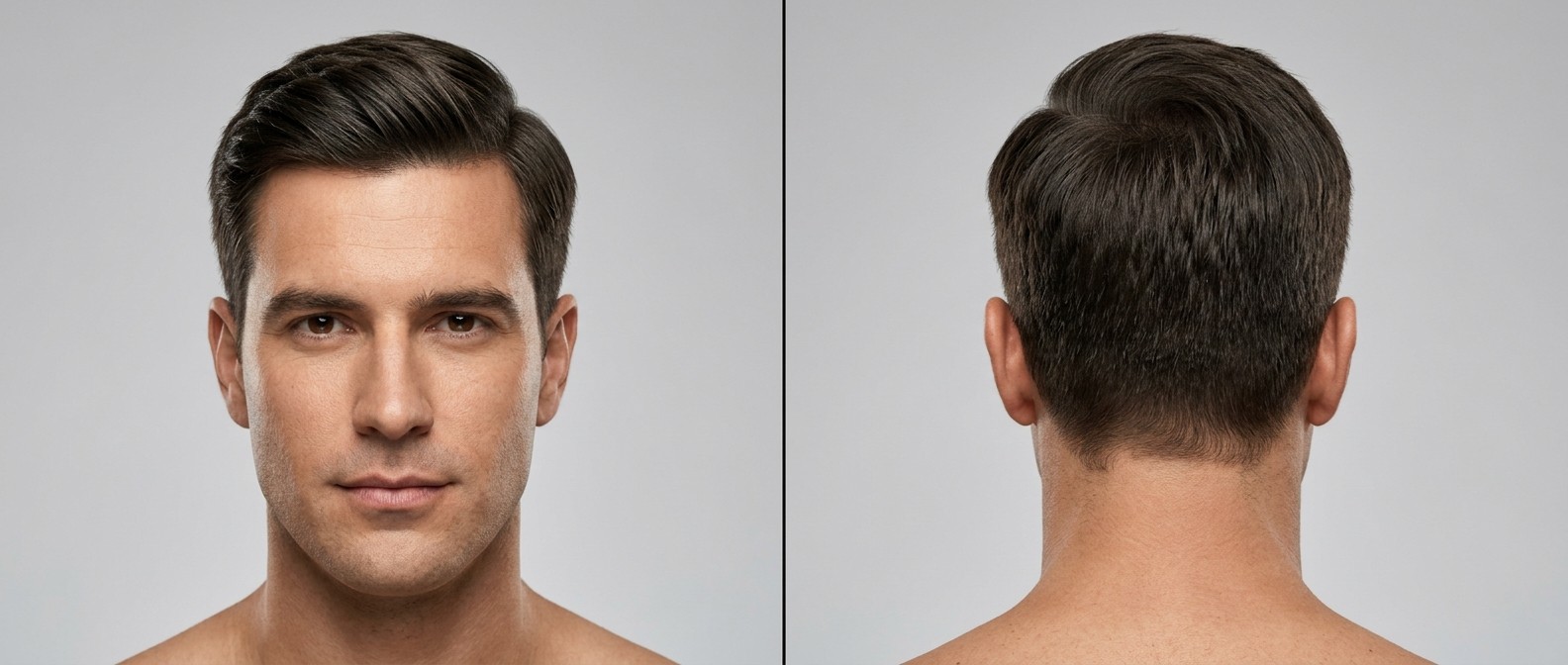 Front and back view of a 40-year-old man with dark brown, thick straight hair styled in a classic, professional Ivy League with a swept side part.