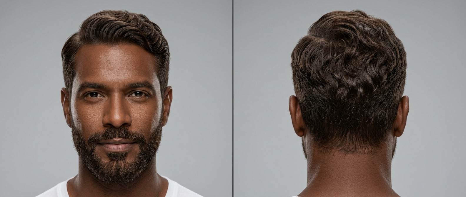 Mature Latino man with dark skin and beard modeling a wavy Ivy League haircut with tapered short sides and textured top.