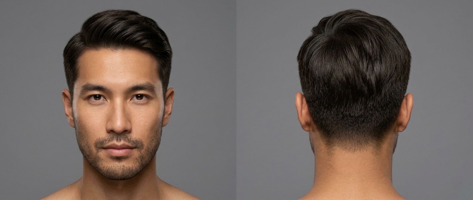 Front and back view of a handsome Asian man with thick straight hair modeling a classic Ivy League haircut with tapered sides and a swept side part.