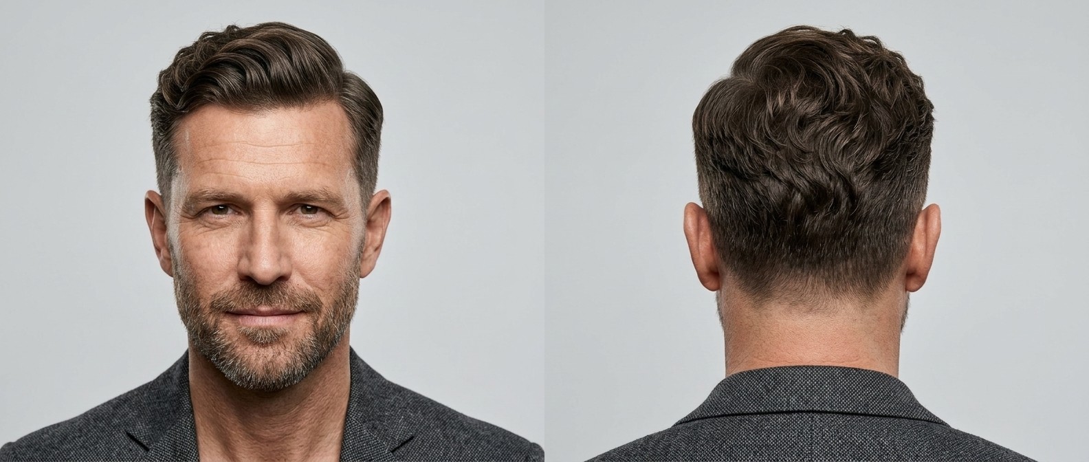 Front and back view of a mature man with a wavy Ivy League haircut, featuring tapered sides, textured top, and a neat short beard.