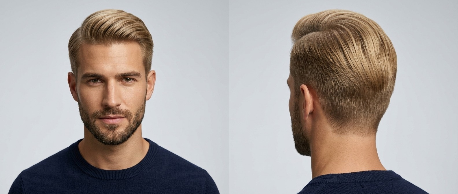 Front and side view of a blonde man with a beard modeling a classic Ivy League haircut with swept-back volume and tapered sides.