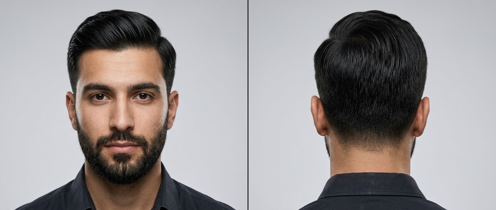 Front and back view of a handsome man with a classic Ivy League haircut, featuring a sharp side part, tapered sides, and a full beard on thick black hair.