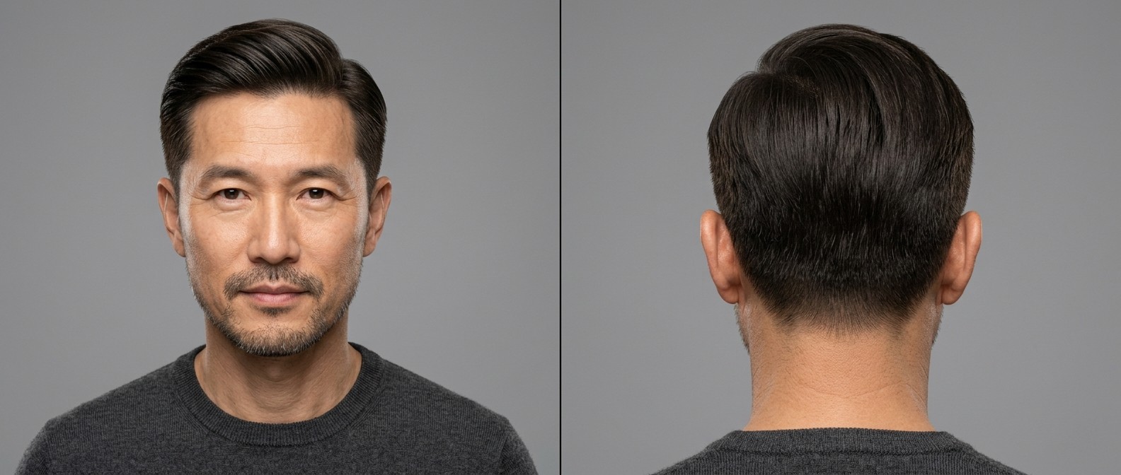 Homem asiático de meia-idade com corte Ivy League clássico, laterais em degradê, volume lateral e barba por fazer.