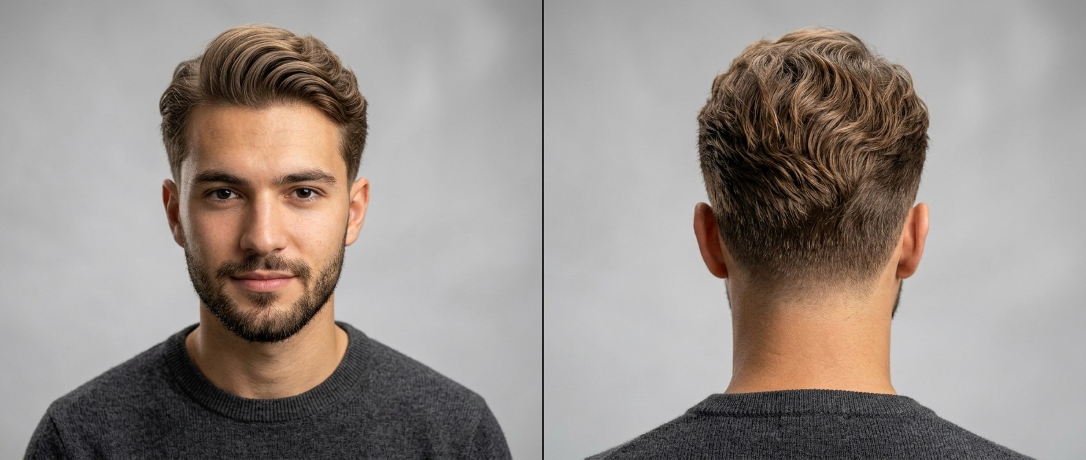 Front and back profile of a young man with a wavy Ivy League haircut, featuring tapered short sides, a textured swept-back top, and a short beard.