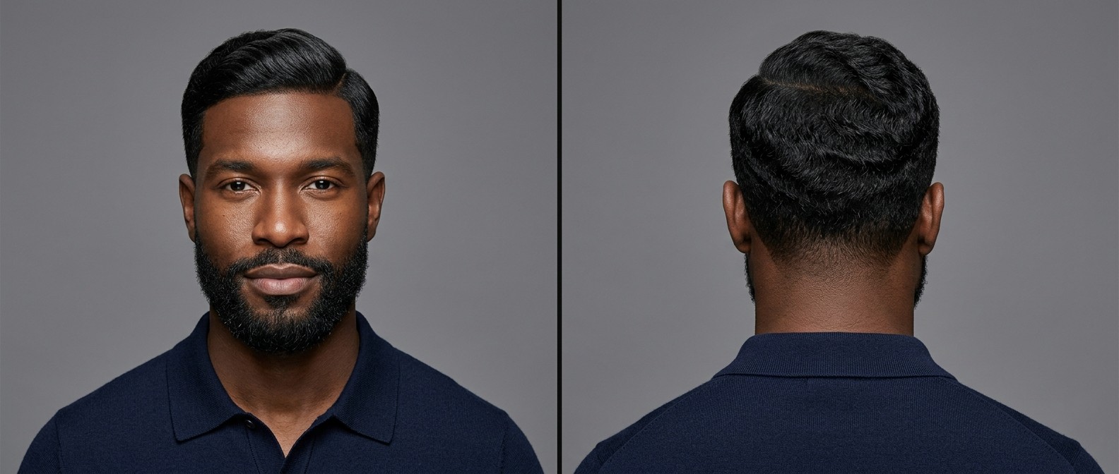 Front and back view of a Black man with a classic wavy Ivy League haircut, crisp edge-up, side part, and a neatly groomed full beard.