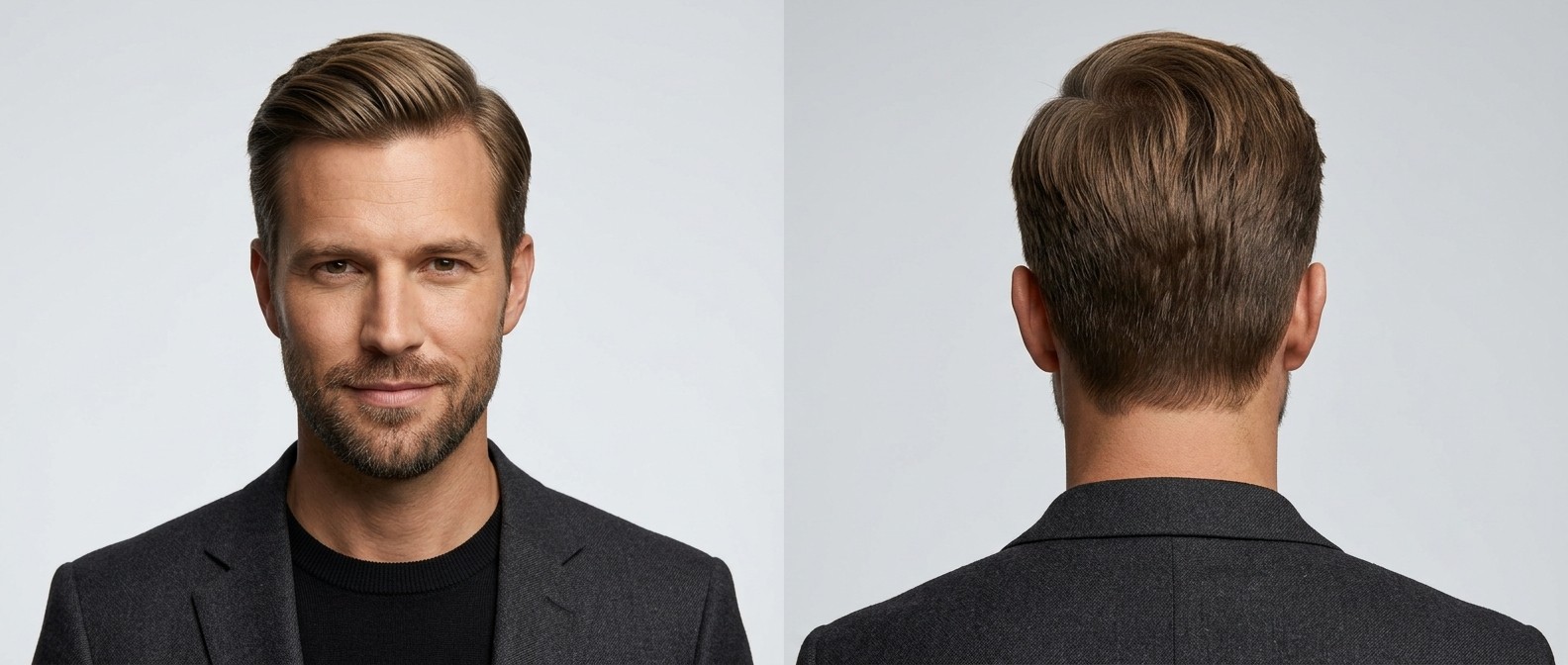 Front and back view of a Caucasian man with a classic Ivy League haircut, featuring a swept-side front, tapered sides, and a short beard.