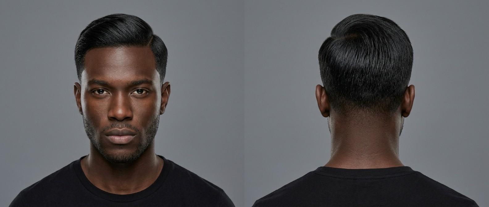 Front and back view of a Black man with a sleek, straightened Ivy League haircut featuring a deep side part, glossy finish, and smoothly tapered sides.