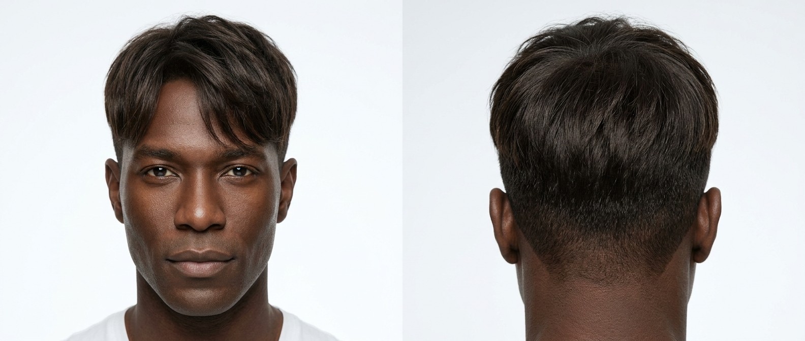 Front and back view of a dark-skinned male model showcasing a straight Korean Two-Block haircut with a soft curtain fringe and tightly faded nape.