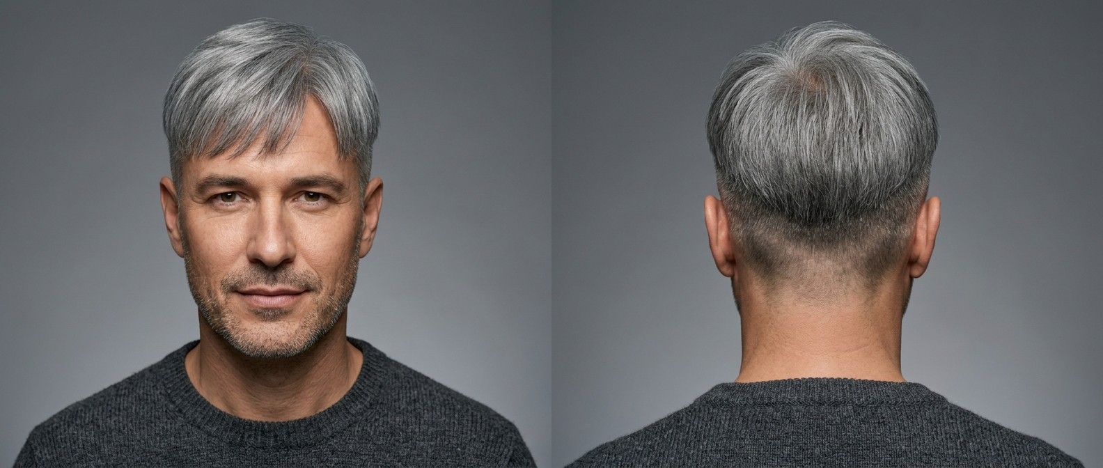 Mature man with silver gray hair modeling a Korean Two-Block haircut featuring a side-swept textured fringe and very short buzzed sides.