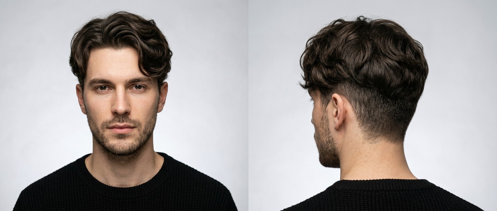 Front and side profile view of a young Caucasian man with dark brown wavy hair modeling a modern Korean Two-Block haircut with a textured curtain part.
