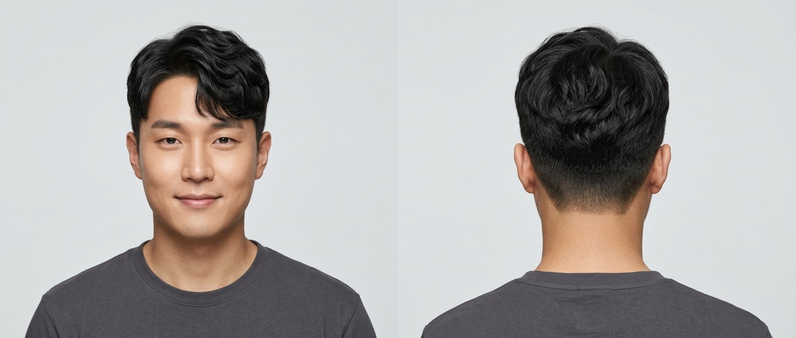 Asian man with olive skin modeling a wavy Korean Two-Block haircut with a 60/40 parted fringe, featuring short neat sides and a tapered back.