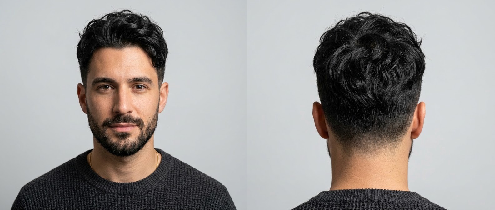 Front and back view of a man with a wavy Korean Two-Block haircut, featuring a sweeping curtain fringe, disconnected undercut, and short beard.