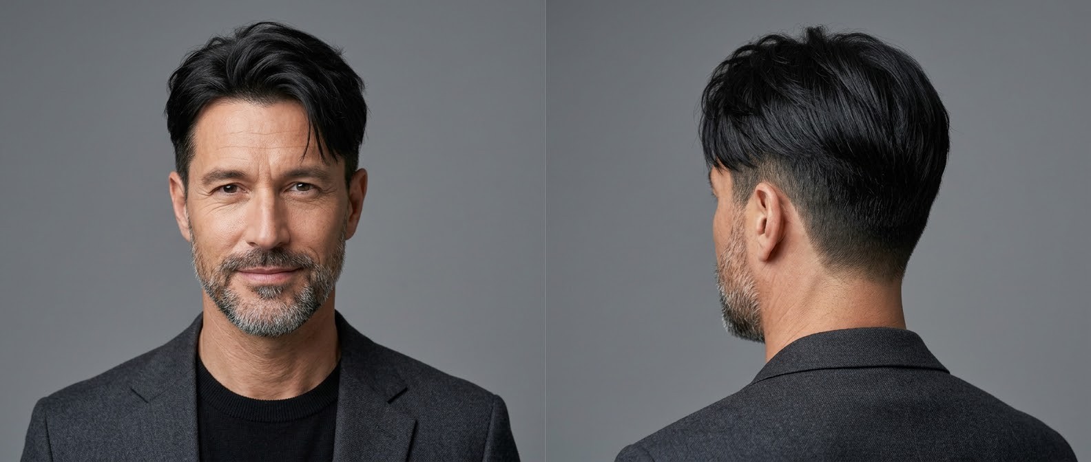 Mature man with a black Korean Two-Block haircut, featuring disconnected short sides, a medium sweeping fringe, and a short beard.
