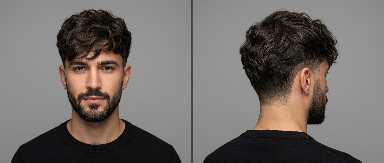 Young Caucasian man with dark brown wavy hair modeling a Korean Two-Block haircut with a textured fringe and well-groomed short beard.